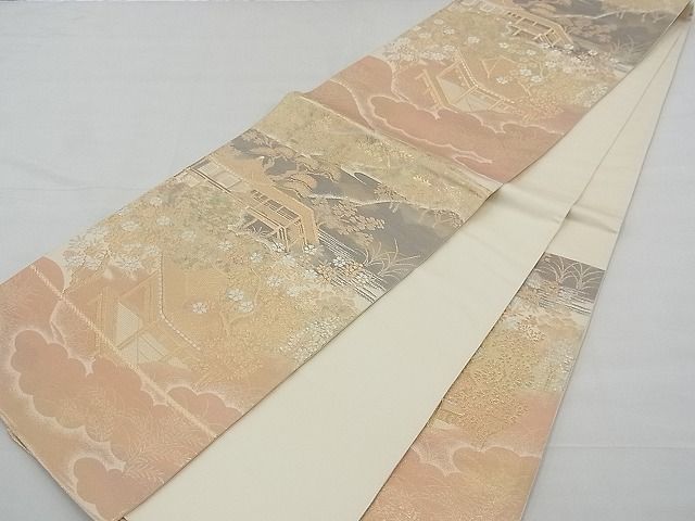 平和屋着物◎六通柄袋帯 美綾にしき 風景文 錦引箔 金銀糸 逸品 BAAD1650du