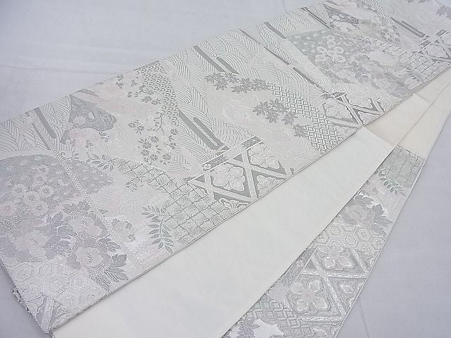 平和屋着物◎六通柄袋帯 唐織 地紙花鳥文 銀糸 逸品 BAAD0891ea