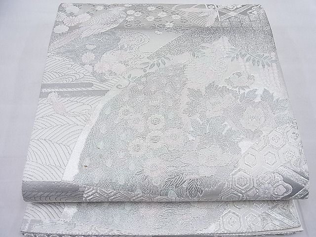 平和屋着物◎六通柄袋帯 唐織 地紙花鳥文 銀糸 逸品 BAAD0891ea
