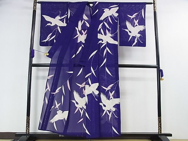 平和屋本店*極上 夏物 セミアンティーク 大正ロマン 訪問着 絽 白サギ 枝垂れ柳 紅桔梗色地 銀彩 逸品 DZAA0271kh4