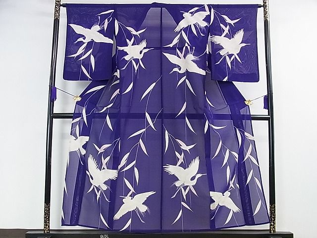 平和屋本店*極上 夏物 セミアンティーク 大正ロマン 訪問着 絽 白サギ 枝垂れ柳 紅桔梗色地 銀彩 逸品 DZAA0271kh4