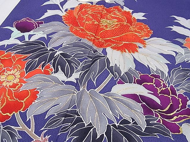 平和屋本店●極上 創業460年・千總 振袖 駒刺繍 枝花文 紺藍色地 金彩 逸品 DZAA0217kh4