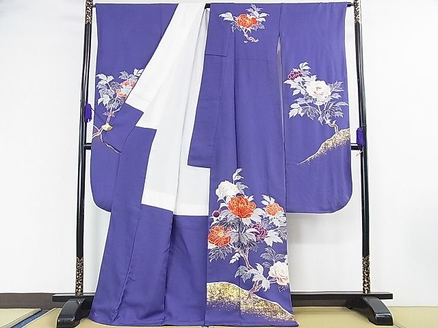 平和屋本店●極上 創業460年・千總 振袖 駒刺繍 枝花文 紺藍色地 金彩 逸品 DZAA0217kh4