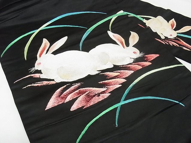 平和屋本店●極上 アンティーク 大正ロマン 九寸名古屋帯 如源 金陵 総手刺繍 兎 黒地 正絹 逸品 KAAA0824kk4