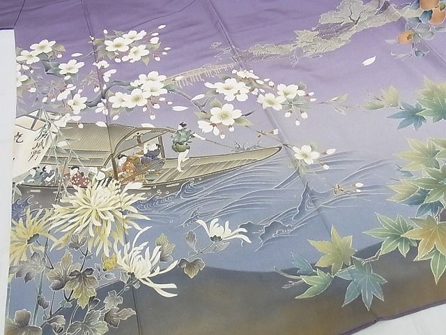 平和屋本店●極上 訪問着 友禅 人物風景文 桜柿 花見 暈し染め 正絹 逸品 KAAA0857kk4