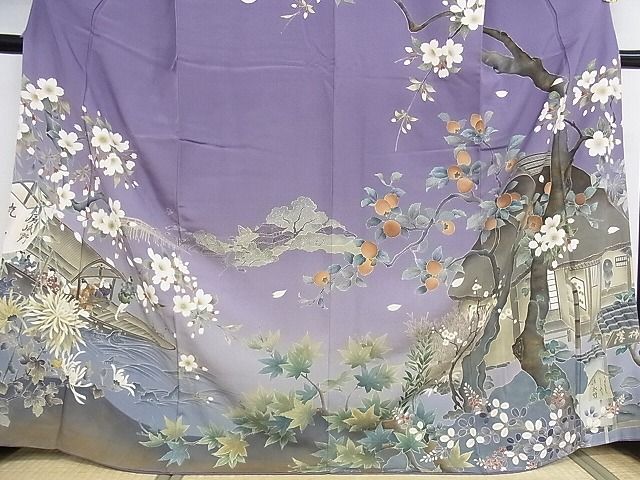 平和屋本店●極上 訪問着 友禅 人物風景文 桜柿 花見 暈し染め 正絹 逸品 KAAA0857kk4