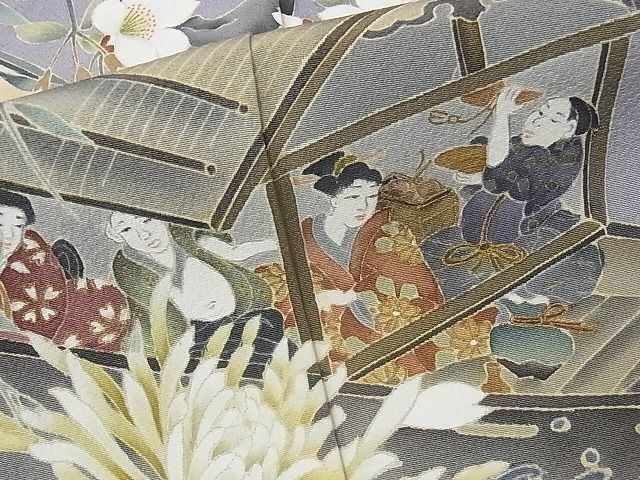 平和屋本店●極上 訪問着 友禅 人物風景文 桜柿 花見 暈し染め 正絹 逸品 KAAA0857kk4