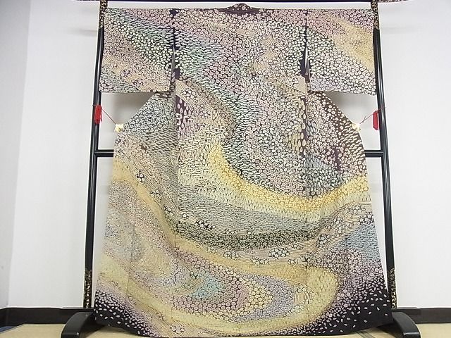 平和屋本店■極上 訪問着 絞り 流水花文 暈し染め 銀通し地 正絹 逸品 KAAA0866kk4