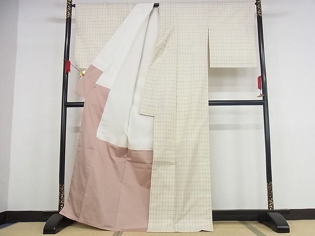 平和屋本店●極上 本場大島紬 白大島 一元絣 格子 正絹 逸品 未使用 KAAA0891kk4