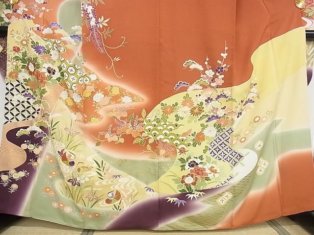 平和屋本店●極上 創業460年・千總 振袖 駒刺繍 花鳥風景文 暈し染め 金彩 正絹 逸品 KAAA0890kk4