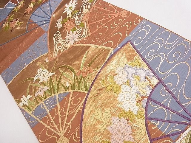 平和屋着物◎六通柄袋帯 唐織 扇面草花文 金糸 逸品 CAAB4625eg