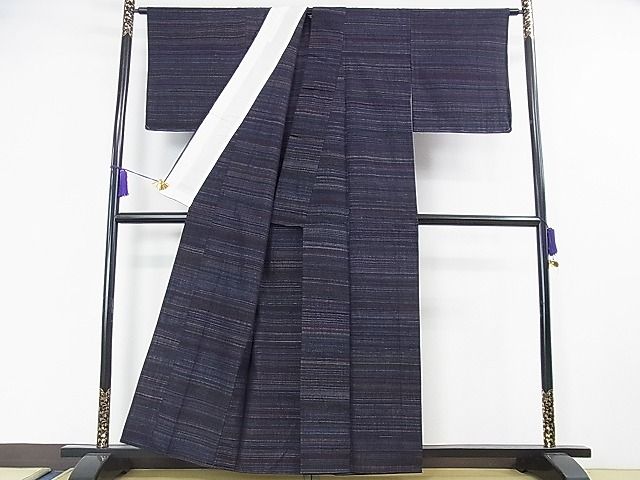 平和屋本店■希少 本場結城紬 重要無形文化財 永井千代子作 単衣 横縞 反端付き 逸品 未使用 DZAA0494kh4