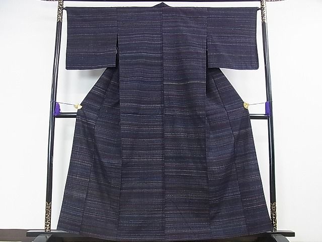 平和屋本店■希少 本場結城紬 重要無形文化財 永井千代子作 単衣 横縞 反端付き 逸品 未使用 DZAA0494kh4