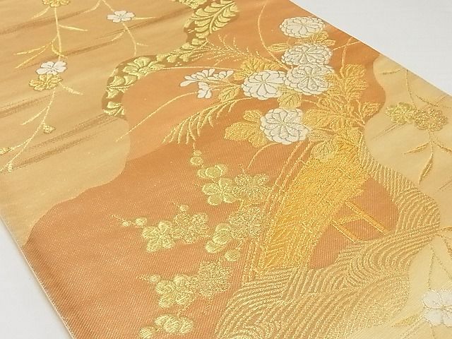 平和屋着物◎六通柄袋帯 唐織 渡橋道長風景花文 金銀糸 正絹 逸品 AAAF0472Asx