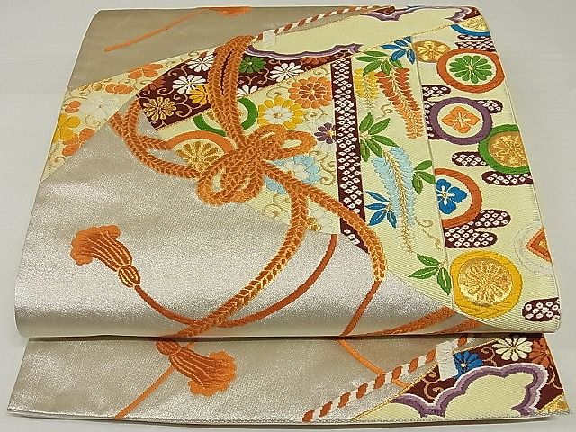 平和屋着物◎六通柄袋帯 唐織 結び紐花文 金銀糸 正絹 逸品 AAAF0480Asx