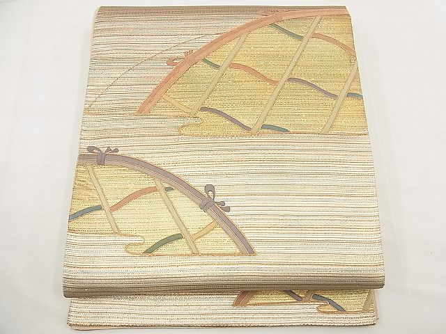 平和屋着物◎太鼓柄袋帯 駒刺繍 如水つづれ 籬 金糸 逸品 BAAE0616kj
