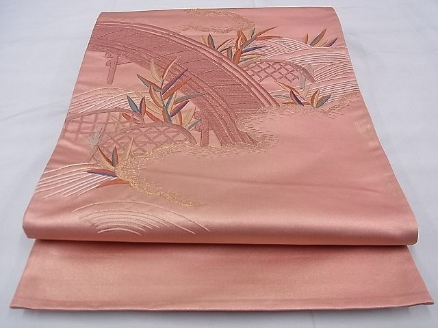 平和屋着物◎太鼓柄袋帯 総刺繍 渡橋青海波柳文 金糸 逸品 BAAD3196ph