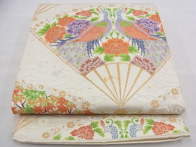 平和屋着物◎西陣 六通柄袋帯 唐織 扇面孔雀花文 金銀糸 逸品 BAAE1144du
