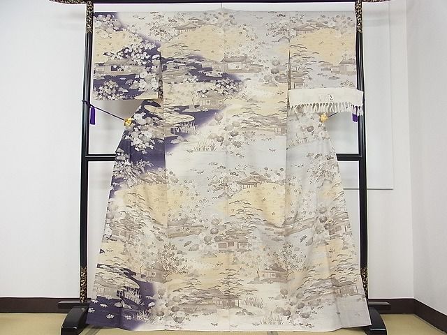 平和屋本店▽極上 染織の名門 しょうざん 生紬 訪問着 単衣 雲取り風景花文 証紙付き 逸品 CZAA0061s4