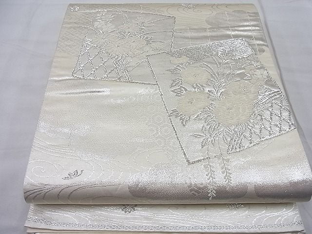 平和屋着物◎六通柄袋帯 唐織 美保姿 色紙散らし花文 銀糸 逸品 BAAD9173ea