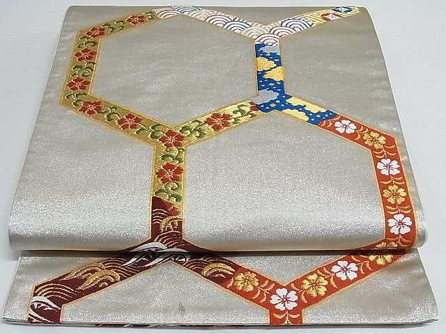 平和屋着物◎六通柄袋帯 吉祥花亀甲文 金銀糸 正絹 逸品 AAAF0527Asx