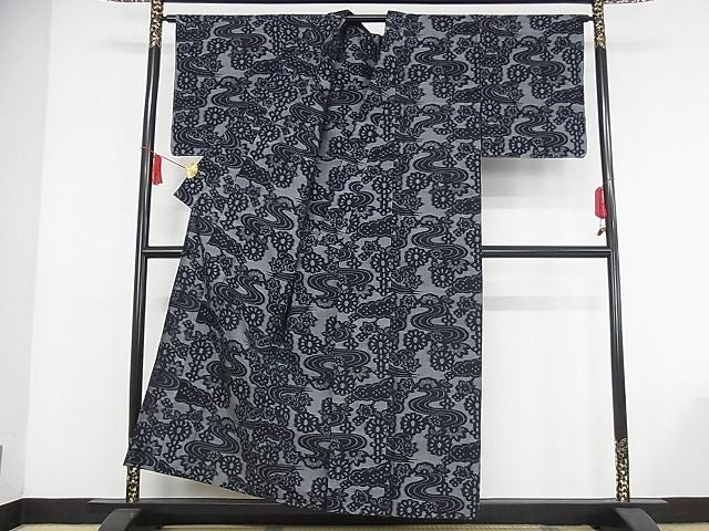 平和屋本店■極上 福山富生 久留米絣 単衣 流水花文 反端付き 綿 逸品 未使用 KAAA0991kk4