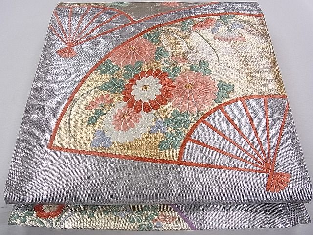 平和屋着物◎六通柄袋帯 唐織 扇面草花文 金銀糸 紙箱付き 逸品 CAAB9127dx