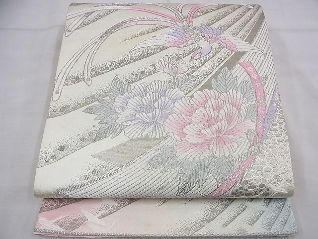 平和屋着物◎六通太鼓柄袋帯 唐織 麗華瑞鳥文 全面プラチナ箔 逸品 BAAE3881fk
