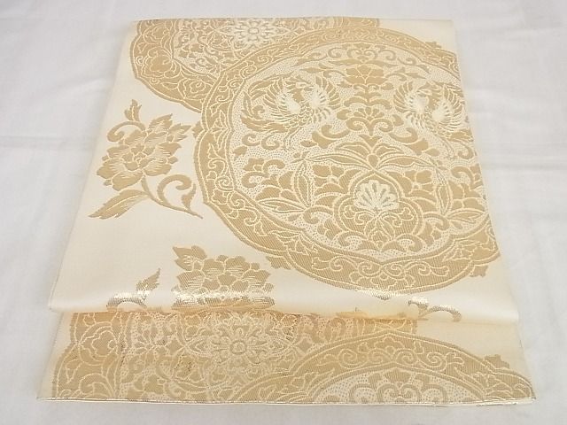 平和屋着物◎六通柄 本袋帯 双鳥花絵皿文 金糸 正絹 逸品 AAAF3555Bgw