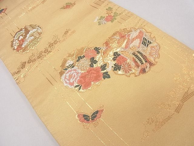 平和屋着物◎六通柄袋帯 雪輪飛鶴花蝶文 金銀糸 逸品 CAAD9258ev