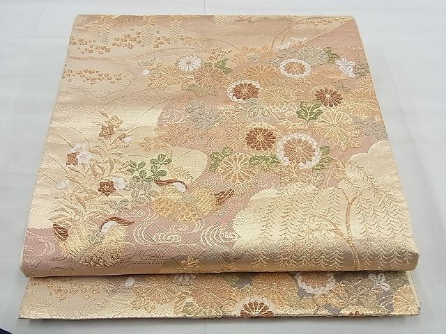 平和屋着物◎六通柄袋帯 唐織 流水鴛鴦草花文 金銀糸 逸品 BAAE4665vj