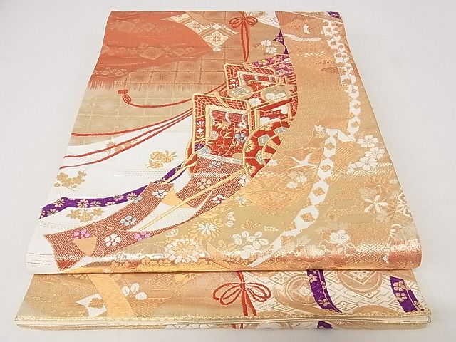 平和屋着物◎六通柄袋帯 御所車飛鳥花文 金銀糸 正絹 逸品 AAAF7490Apf
