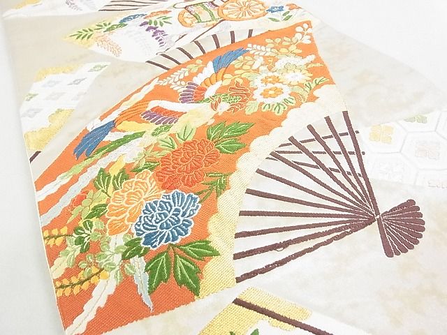 平和屋着物◎六通柄袋帯 唐織 扇面鳳凰御所車花文 金銀糸 逸品 DAAD8107cm