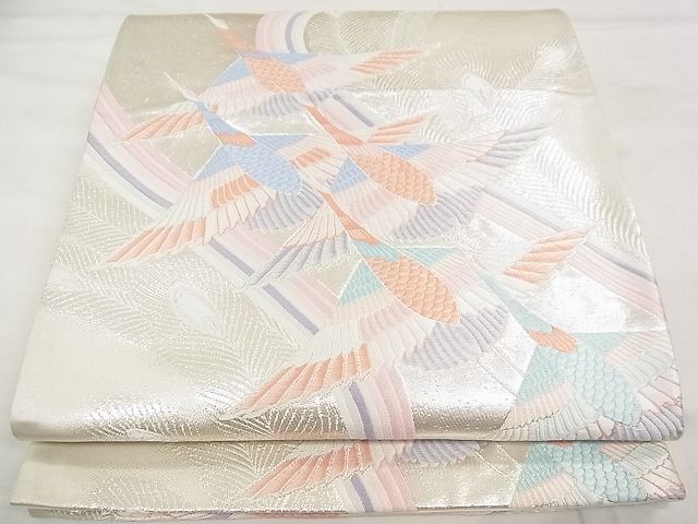 平和屋着物◎六通柄袋帯 唐織 飛鶴孔雀羽文 銀糸 逸品 CAAD5461vf