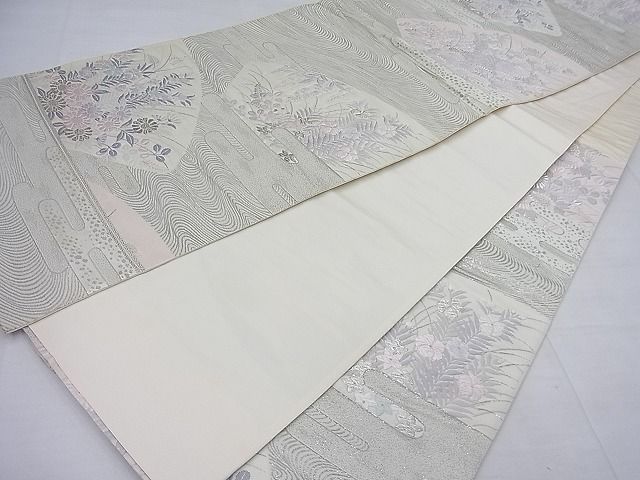 平和屋着物◎六通柄袋帯 唐織 エ霞地紙秋草文 プラチナ箔 逸品 BAAE2762ea