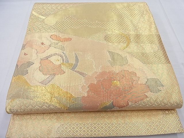 平和屋着物◎佐賀錦 太鼓柄袋帯 地紙鴛鴦花文 金糸 逸品 BAAE2772ea