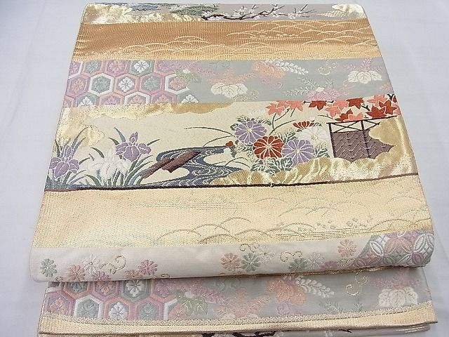 平和屋着物◎六通柄袋帯 唐織り 横段吉祥草花文 金糸 逸品 BAAE2797ea