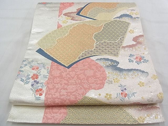 平和屋着物◎六通柄袋帯 唐織 雲取扇面文 金銀糸 逸品 BAAE3171jm
