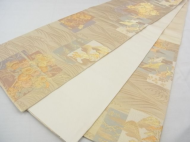 平和屋着物◎六通柄袋帯 色紙取鶴菊文 金糸 逸品 BAAE5818jm