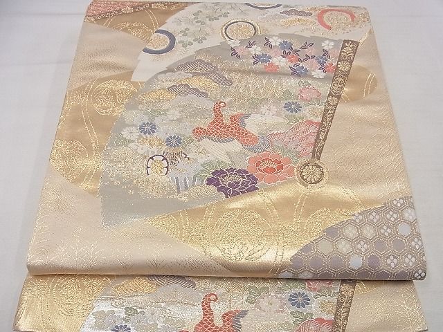 平和屋着物◎六通柄袋帯 唐織 扇面孔雀花文 金銀糸 正絹 逸品 AAAF5661Asg