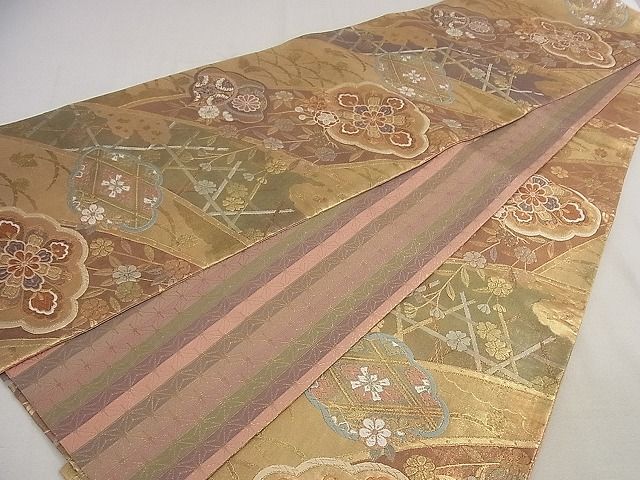 平和屋着物◎両面柄袋帯 慶長重ね 井桁瑞華文 金糸 逸品 DAAD7341ud