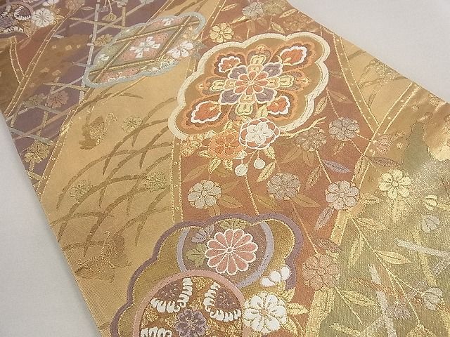 平和屋着物◎両面柄袋帯 慶長重ね 井桁瑞華文 金糸 逸品 DAAD7341ud
