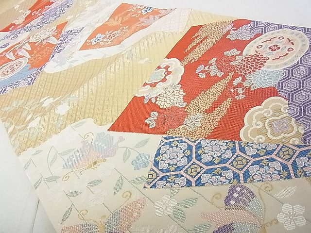 平和屋着物◎六通柄袋帯 色紙重ね 舞蝶花文 金糸 逸品 DAAD4212we