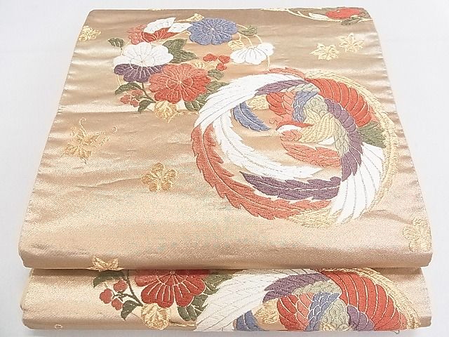 袋帯 すくい織 縞 丸文 草花 鳥 洒落 24M342f 平和屋着物◎六通柄袋帯 唐織 花鳥丸文 金糸 逸品 DAAD5264rt