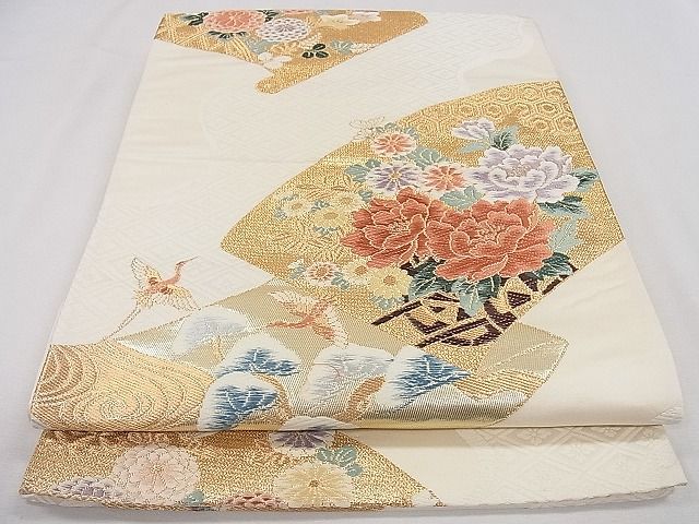 平和屋着物◎六通柄袋帯 唐織 絵巻飛鶴草花文 金銀糸 逸品 CAAD8783ou