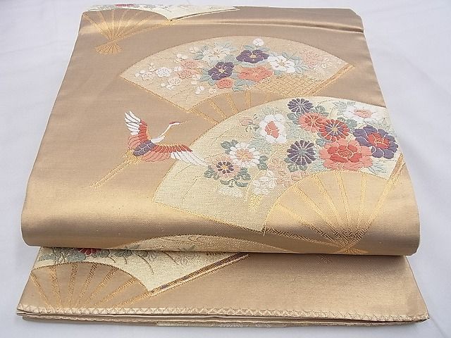 平和屋着物◎六通柄袋帯 唐織 扇面飛鶴花文 金糸 逸品 BAAE6251ph