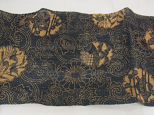 平和屋本店■極上 夏物 古代原始布 科布 八寸名古屋帯 型染め 藍 花唐草文 逸品 KAAA10532kk4