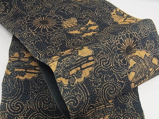平和屋本店■極上 夏物 古代原始布 科布 八寸名古屋帯 型染め 藍 花唐草文 逸品 KAAA10532kk4
