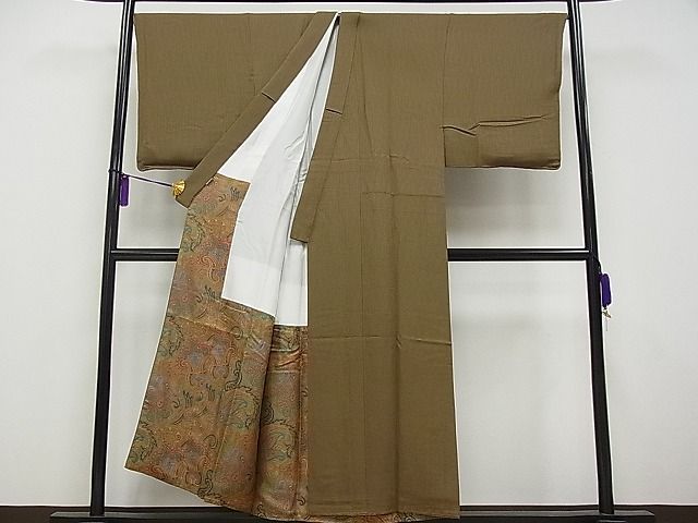 平和屋本店●極上 男性 銀座もとじ プラチナボーイ お召 色無地 立涌地紋 媚茶色 反端付き 逸品 CYAA0041s4