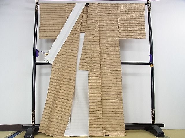 平和屋本店▽極上 インド・アッサム 野蚕糸 手織 ムガシルク 単衣 横縞 やまと金ラベル 逸品 DZAA0817kh4